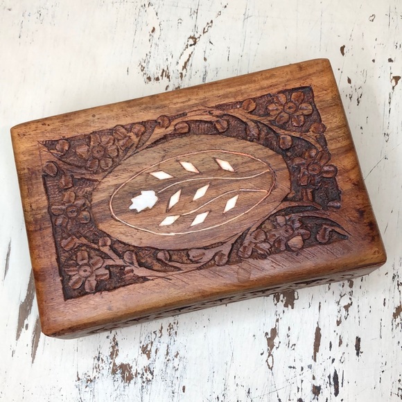 Vintage Carved Wooden Jewelry Box Boho